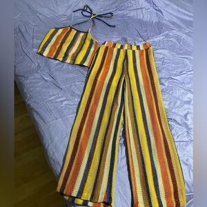 stripe brown two piece set pants halter top SZ XS